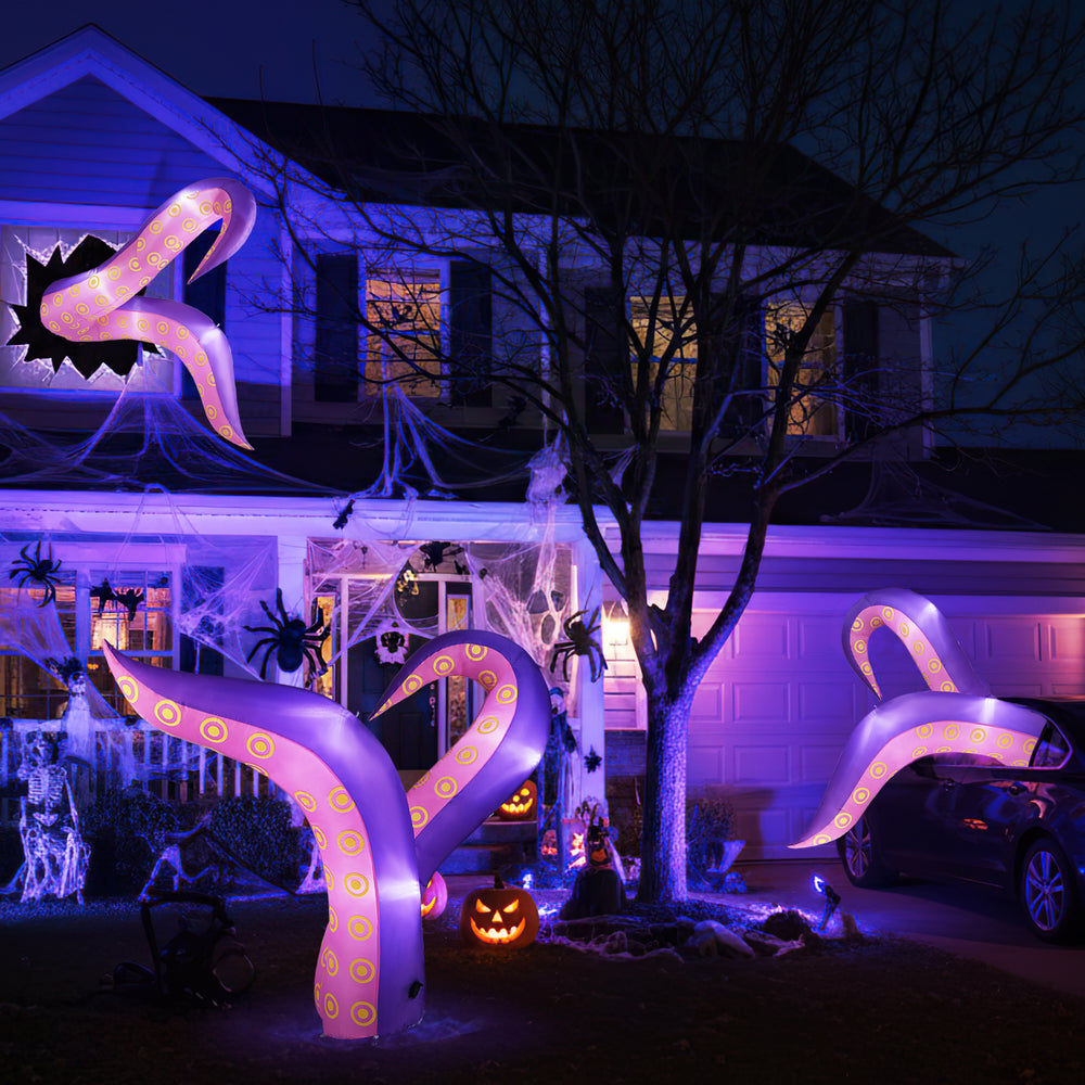 Giant 6.5 ft inflatable tentacles with LED lights create a spooky effect for Halloween decorations in your yard.