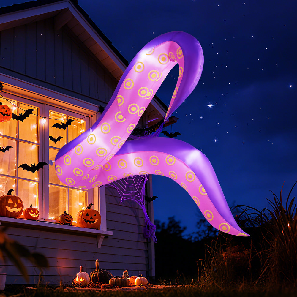 Giant 6.5 ft inflatable tentacles with LED lights, perfect for Halloween decorations, featuring suction cups for secure.