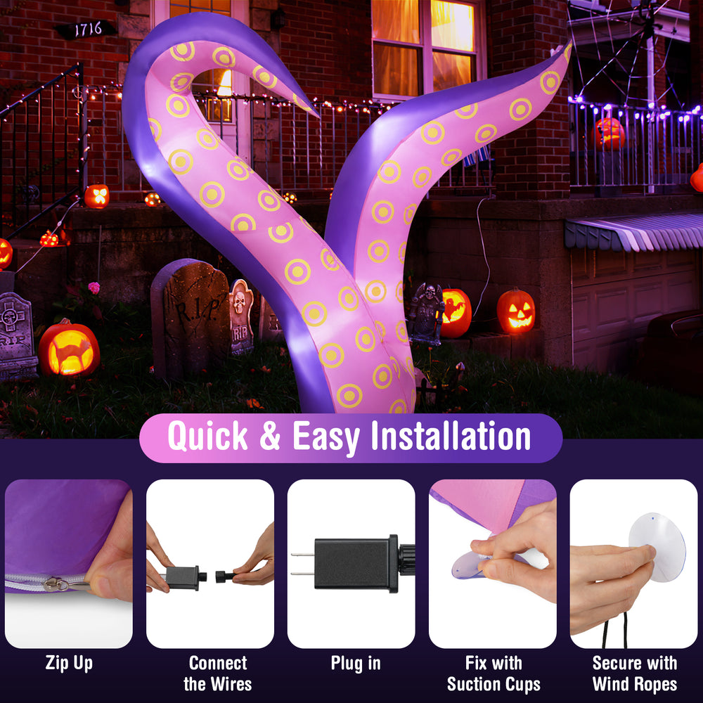 Giant 6.5 ft inflatable tentacles with LED lights, featuring suction cups for secure outdoor Halloween display.