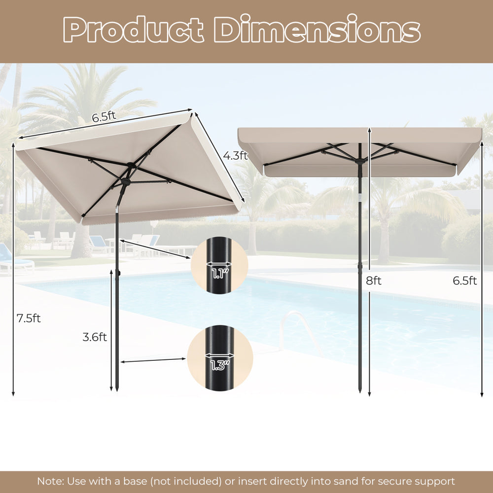 Rectangular 6.5 x 4.3 feet beige outdoor umbrella features a tilt adjust button for optimal shade by the poolside.