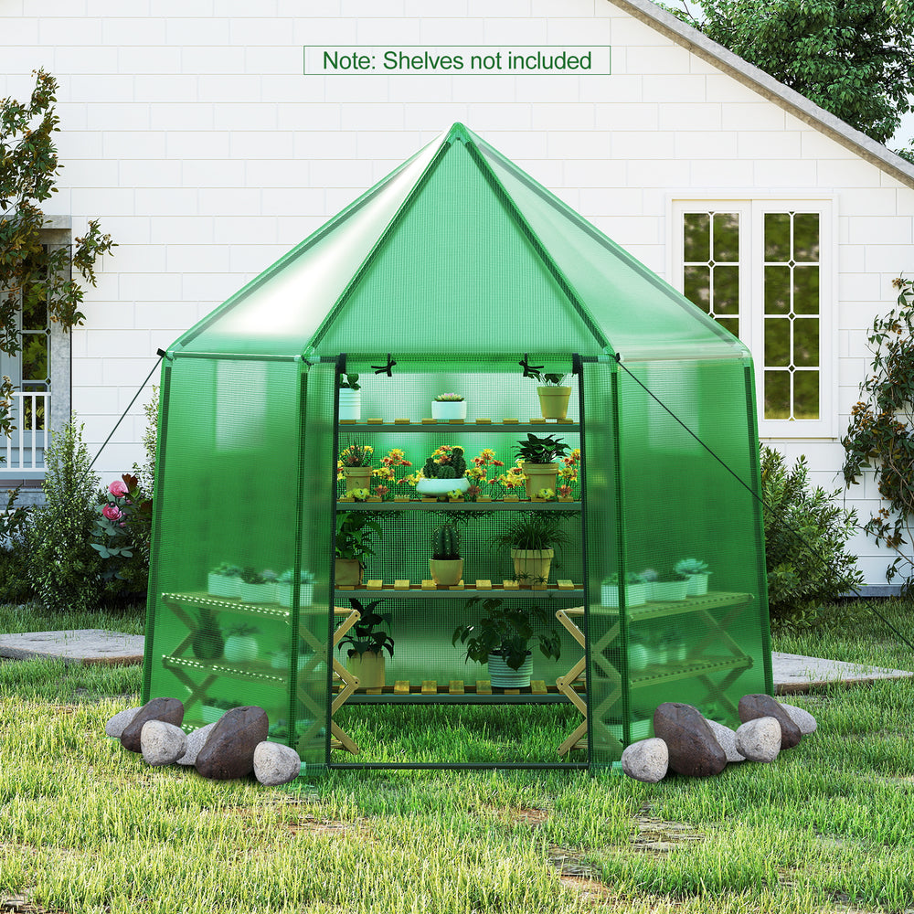 Mini walk-in greenhouse with PE cover, sturdy metal frame, and roll-up door for outdoor plant protection.