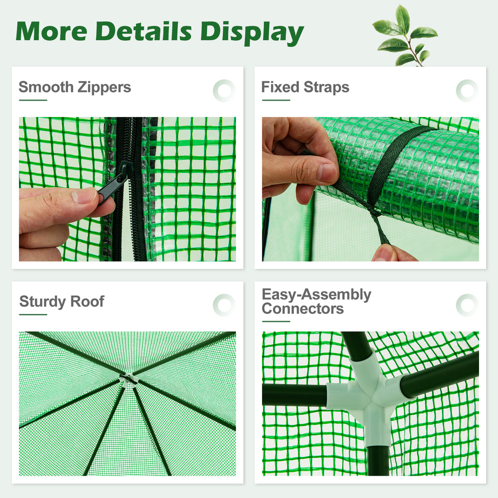 Close-up of smooth zippers and fixed straps on the 6.5 x 5.6 x 6.2 FT portable greenhouse for easy access and stability.