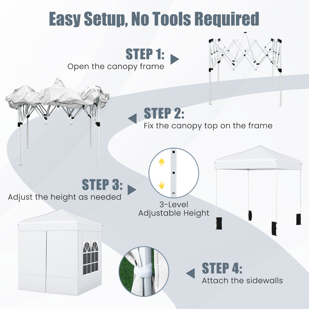 Step-by-step setup guide for the 6.5 x 6.5 FT pop-up canopy tent with adjustable height and sidewalls.
