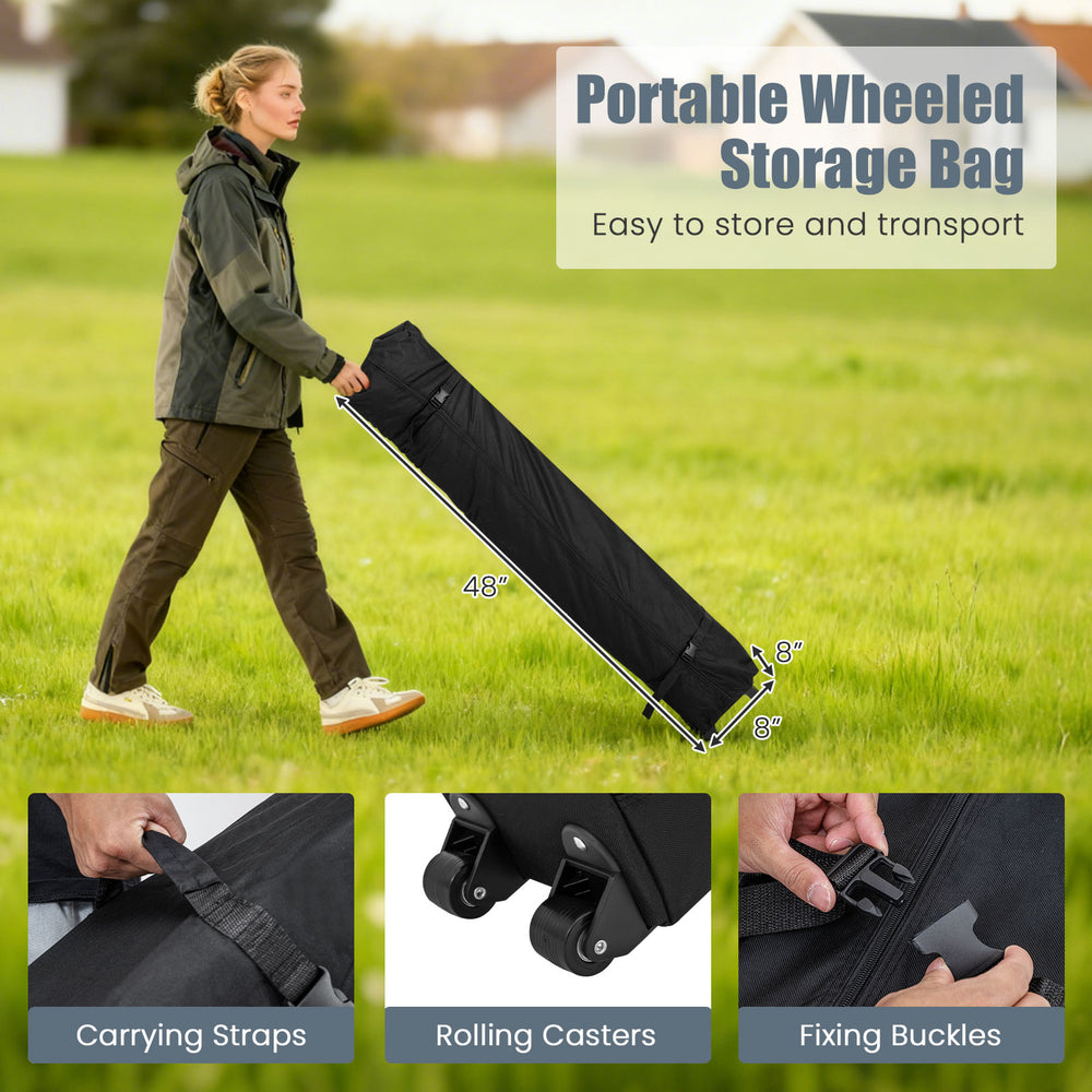 Wheeled storage bag for 6.5 x 6.5 FT pop-up canopy tent, featuring carrying straps and rolling casters for easy.