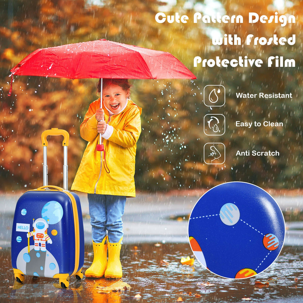 Kids' suitcase with astronaut design, waterproof ABS material, and adjustable handle for travel convenience.