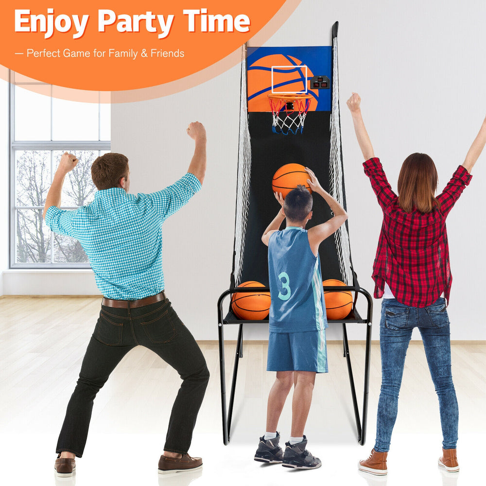 Foldable basketball arcade game with electronic scorer, includes 3 basketballs, perfect for parties and family.