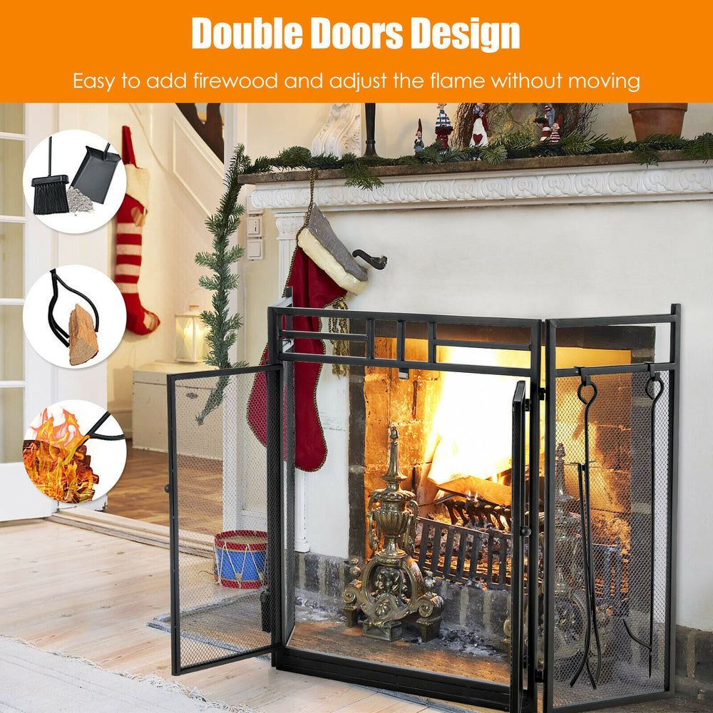3-panel folding wrought iron fireplace screen with double doors and tools set, designed for safety and convenience.