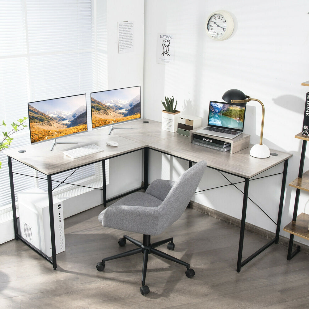 95 Inch 2-Person L-Shaped Long Reversible Computer Desk with Monitor Stand-Gray - Gallery View 1 of 11