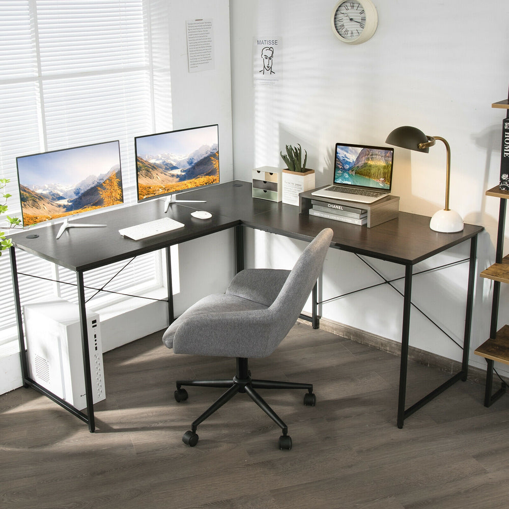 95 Inch 2-Person L-Shaped Long Reversible Computer Desk with Monitor Stand-Brown - Gallery View 1 of 11