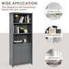 Gray bookcase shelving unit with adjustable shelves and bottom cabinet, perfect for organizing books in any room.