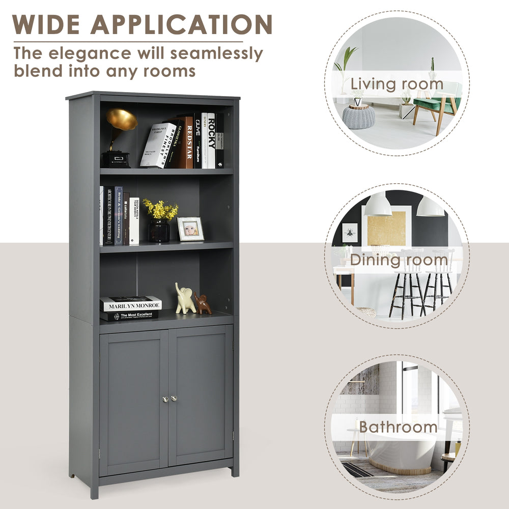 Gray bookcase shelving unit with adjustable shelves and bottom cabinet, perfect for organizing books in any room.