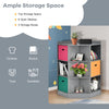 3-tier gray kids storage shelf corner cabinet with 6 open shelves and 3 colorful baskets for versatile organization.