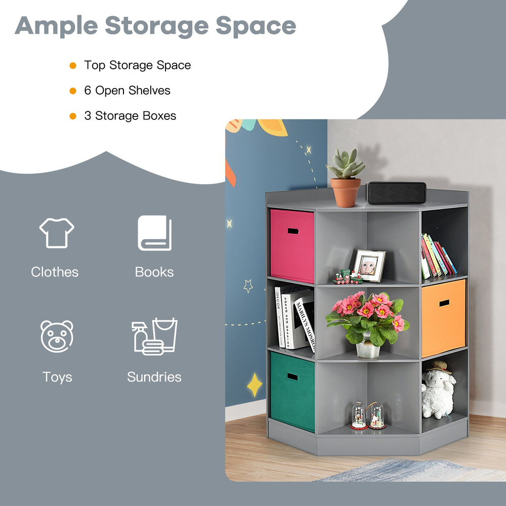 3-tier gray kids storage shelf corner cabinet with 6 open shelves and 3 colorful baskets for versatile organization.