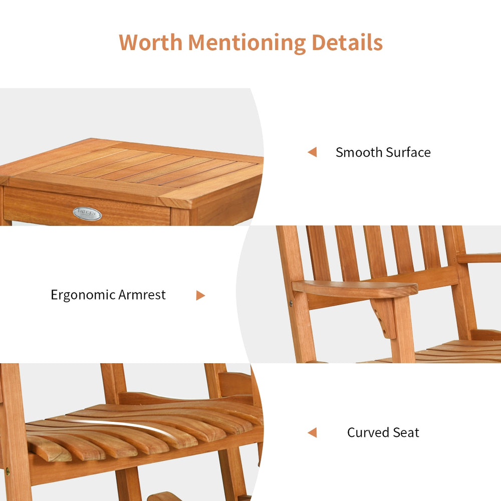 Curved seat and ergonomic armrest of the eucalyptus rocking chair set for optimal comfort in outdoor spaces.