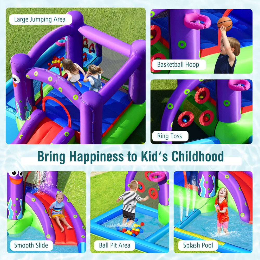 Inflatable water slide park featuring a trampoline, splash pool, slide, and basketball hoop for backyard fun.