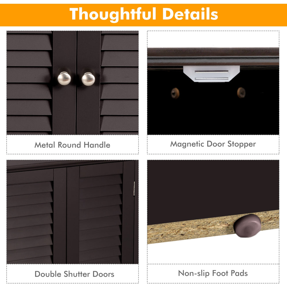 Close-up of the brown bathroom corner storage cabinet featuring metal round handle, double shutter doors, and non-slip.