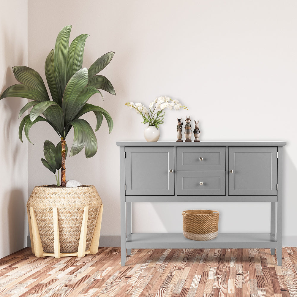 Gray wooden sideboard buffet console table with drawers and storage, ideal for living room or kitchen organization.