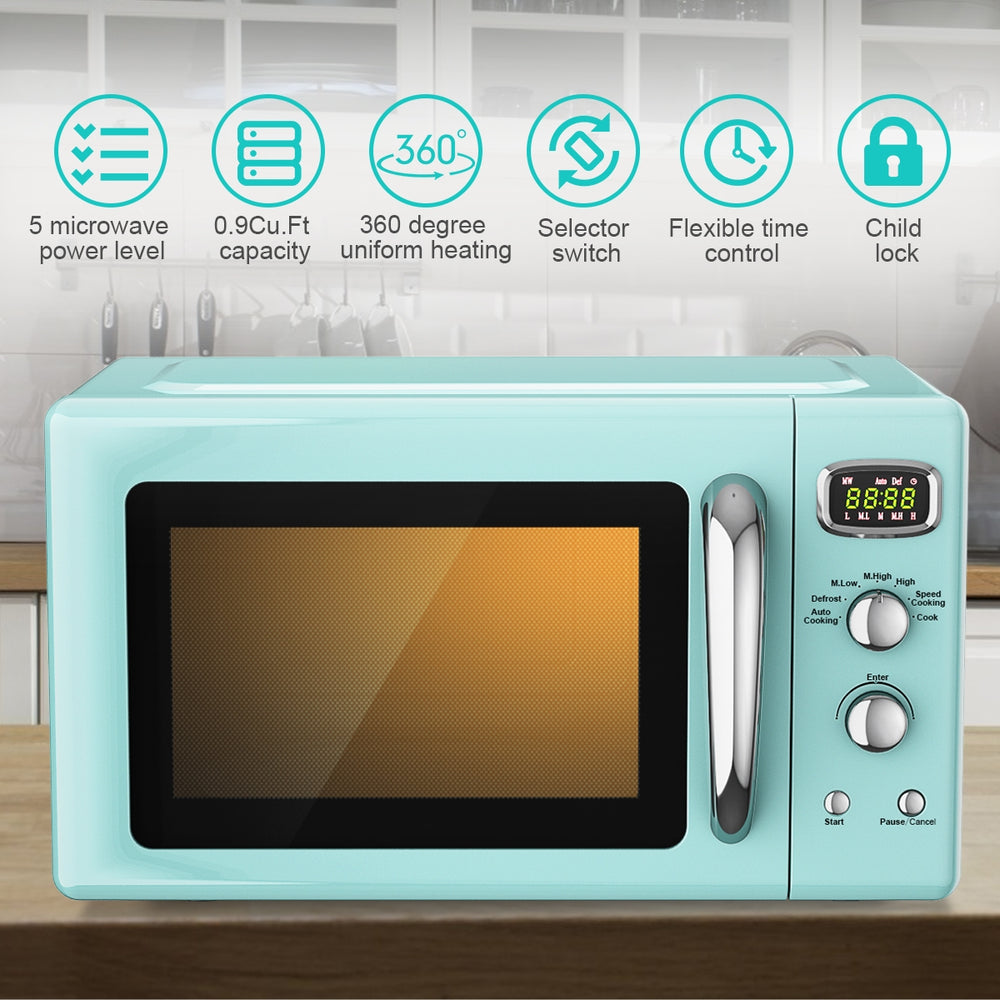 Retro green 0.9 Cu.ft countertop microwave oven with 5 power levels and child lock, ideal for small spaces.