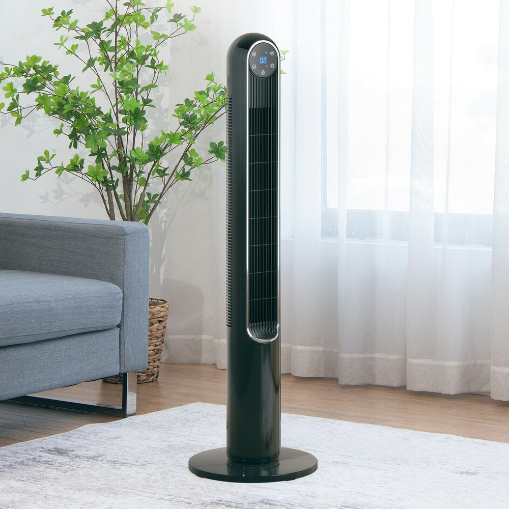 Bladeless design of the 42-inch black tower fan with remote control, ensuring safety and quiet operation in any room.
