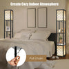 Freestanding floor lamp with storage shelf, pull chain switch, and cozy lampshade for bedroom or living room use.