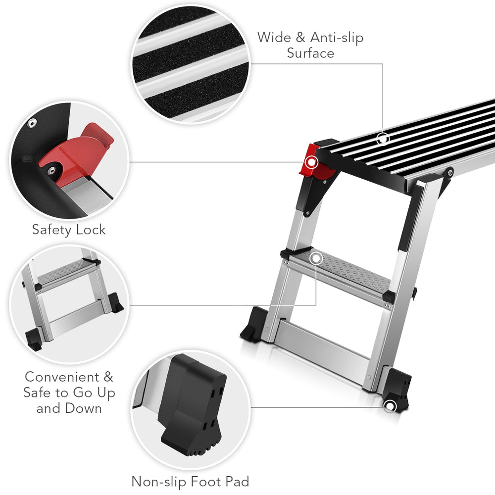 Aluminum folding step stool ladder with non-slip surface, safety lock, and rubber foot pads for secure use.
