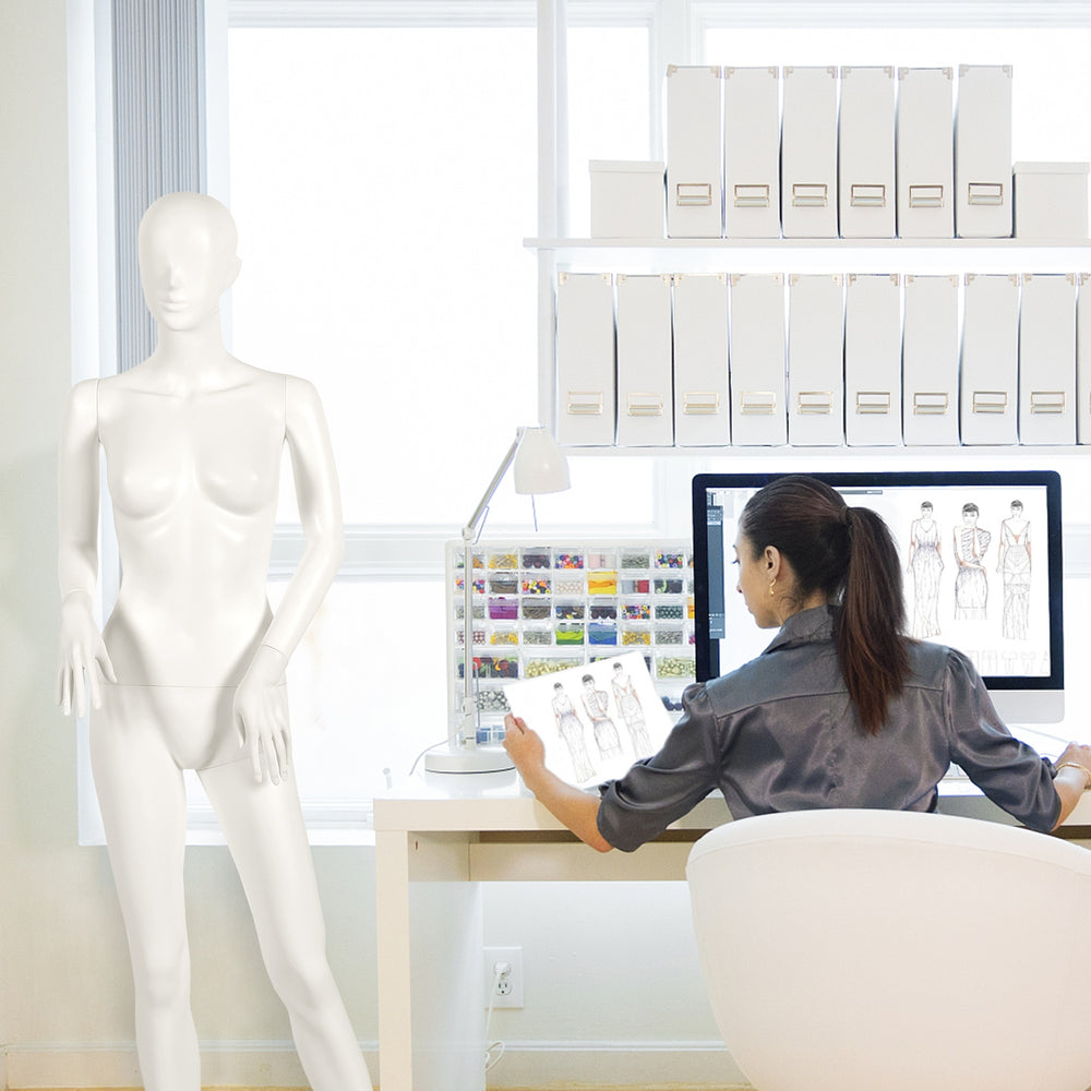5.8 ft female mannequin with hands on waist, made of durable plastic and aluminum, ideal for showcasing fashionable.