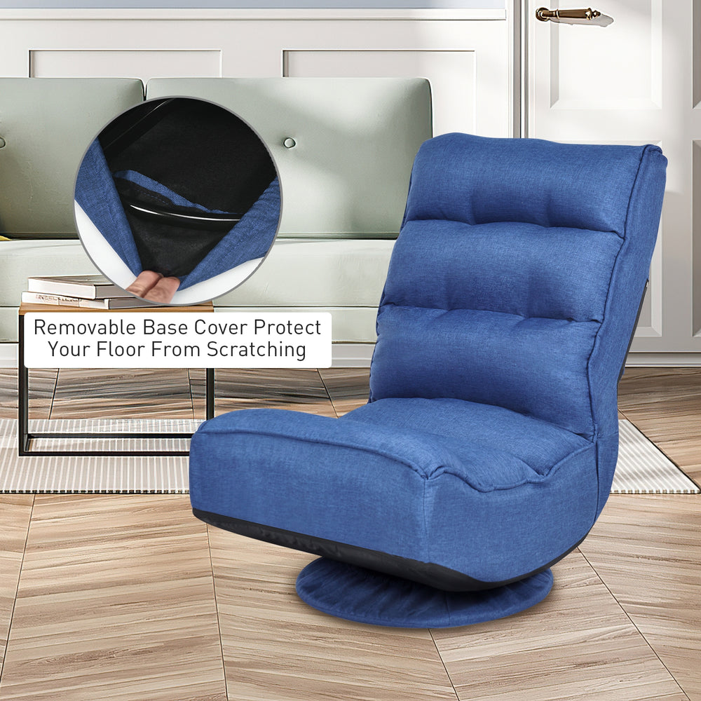 Navy 5-position folding floor gaming chair with removable base cover, featuring a 360-degree swivel design for comfort.