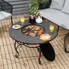 Round patio fire pit dining table with BBQ grate, sturdy steel frame, ideal for outdoor gatherings and cooking.