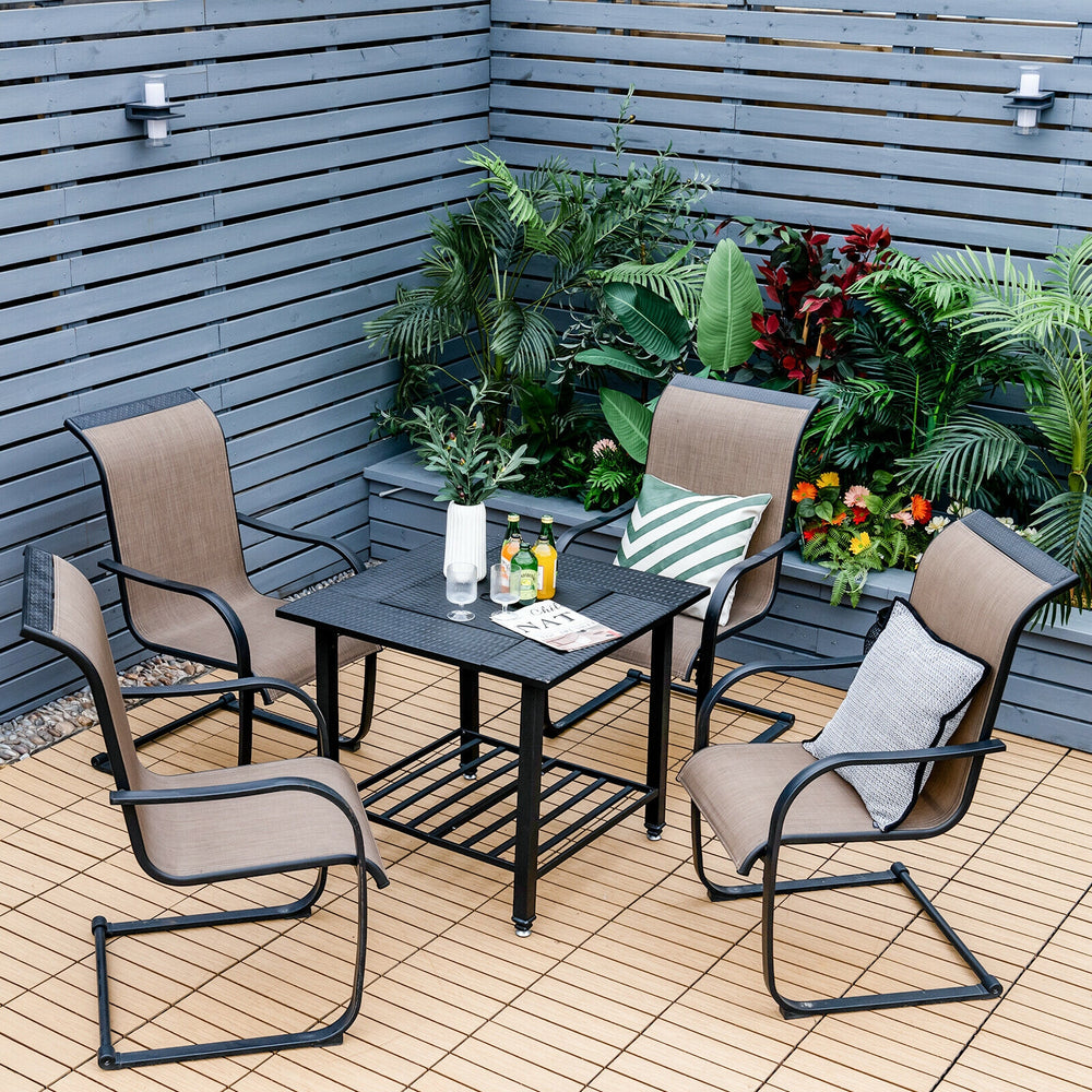 Square 31-inch outdoor fire pit dining table with BBQ grate, sturdy steel frame, perfect for patio or backyard.