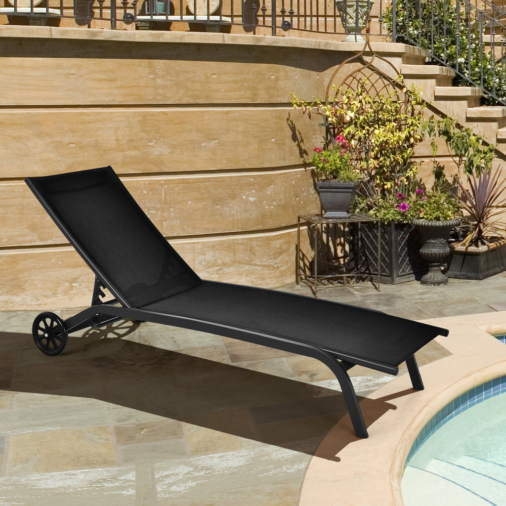Black 6-position adjustable outdoor chaise recliner with wheels, perfect for sunbathing by the pool or relaxing in the.