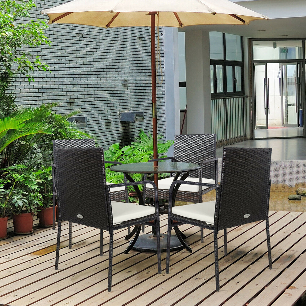 4-piece patio wicker rattan dining set with comfy cushions, featuring a sturdy steel frame and ergonomic armrests for.