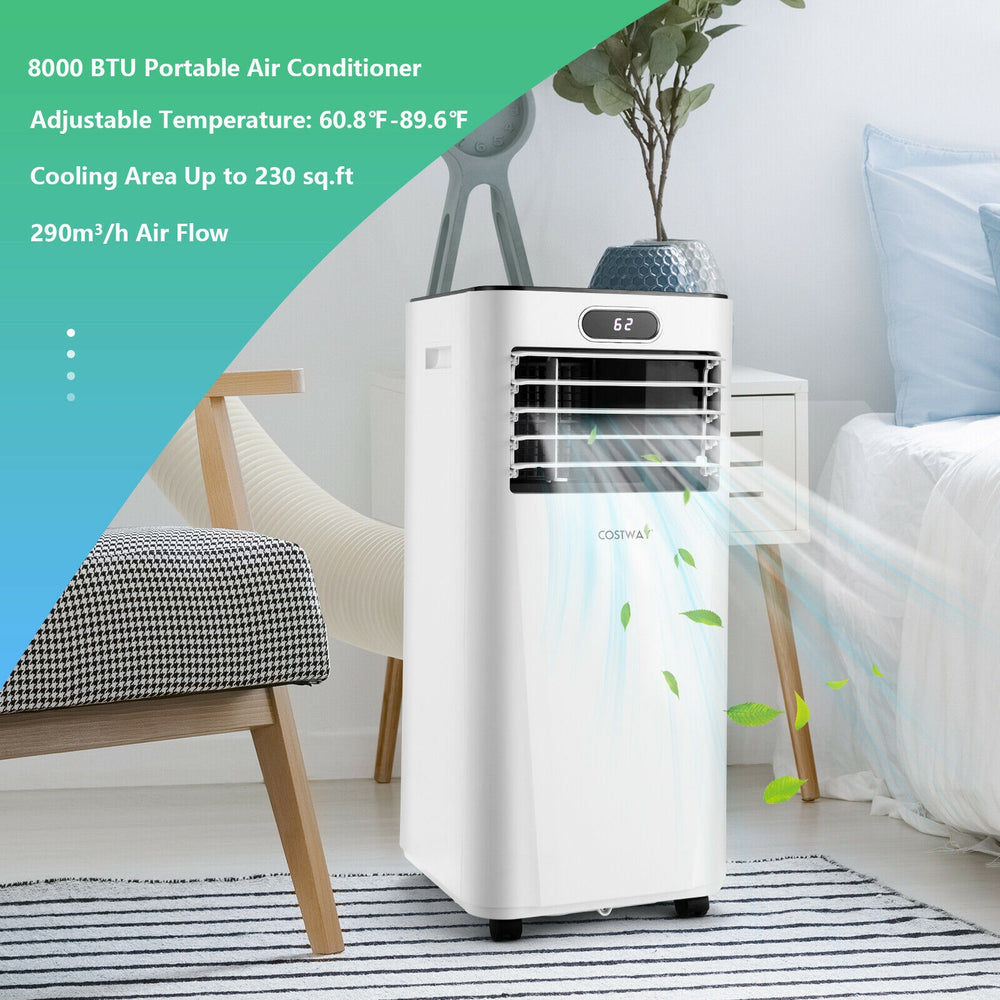 8000BTU portable air conditioner in white with remote control, ideal for cooling up to 230 sq. ft. in bedrooms or.