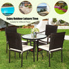Set of 4 stackable patio rattan dining chairs with cushioned armrests, perfect for outdoor use in garden or poolside.