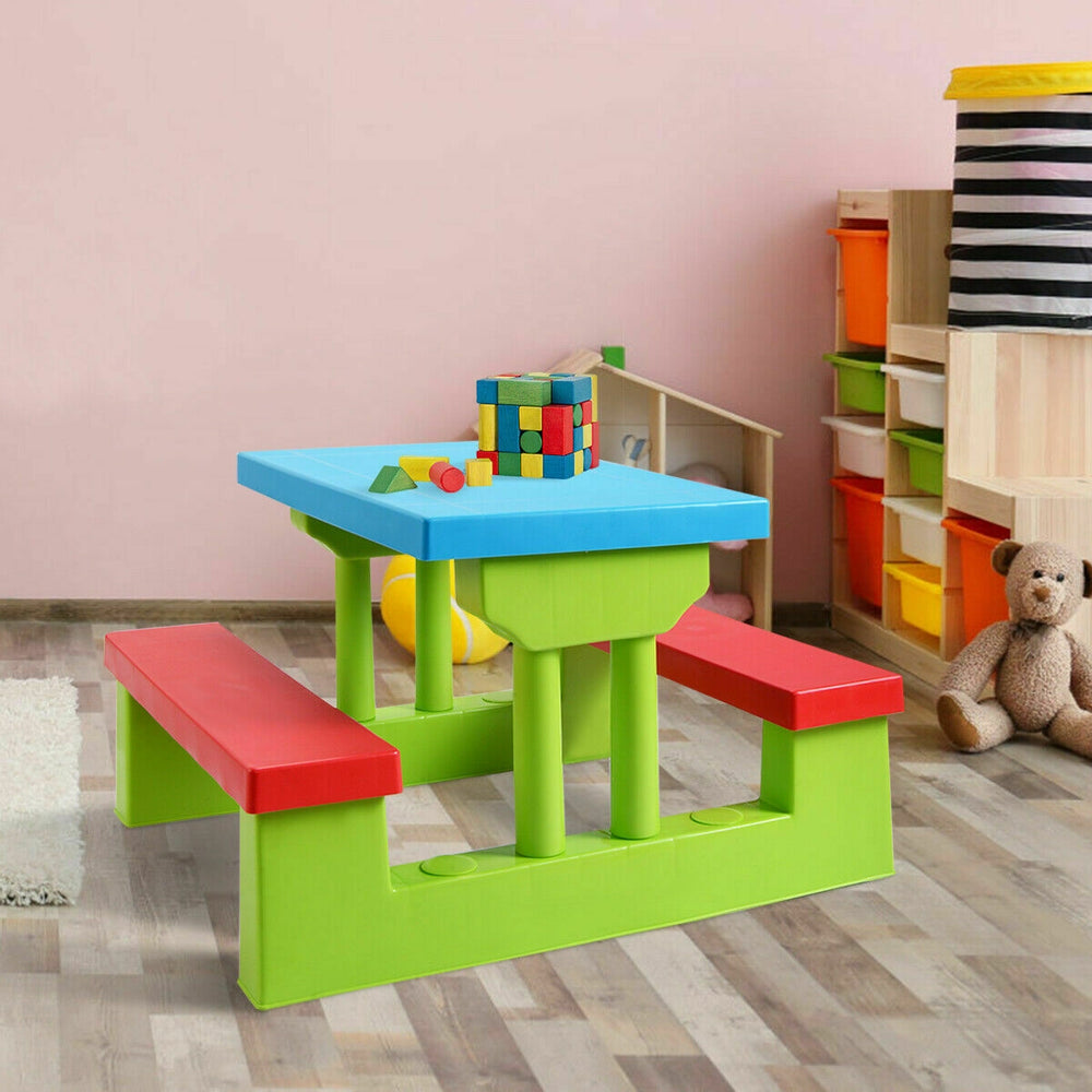 Colorful kids picnic folding table and bench set with umbrella, made from non-toxic PP material, ideal for outdoor play.