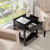 Black wooden storage shelf with drawer, offering easy access with smooth slide rails, perfect for living room.