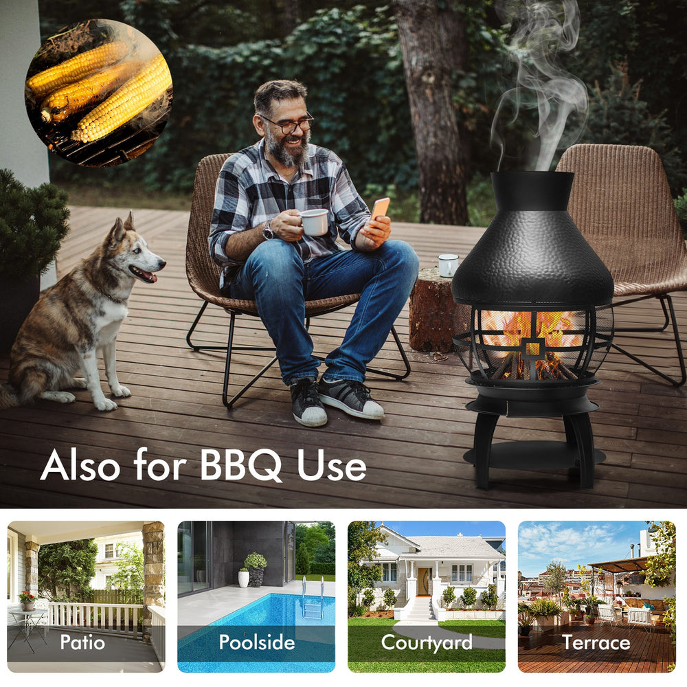 Patio wood burning chimney fireplace with heavy-duty cast iron, ideal for outdoor use in backyard or patio settings.