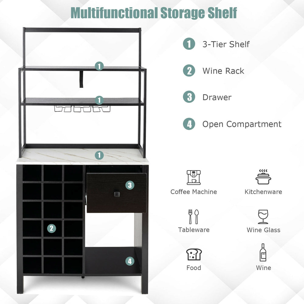 3-tier kitchen baker's rack in black with wine rack, drawer, and glass holder for versatile storage and display.