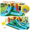 Inflatable water slide bounce house featuring a climbing wall, tunnel, and splash pool for outdoor fun.