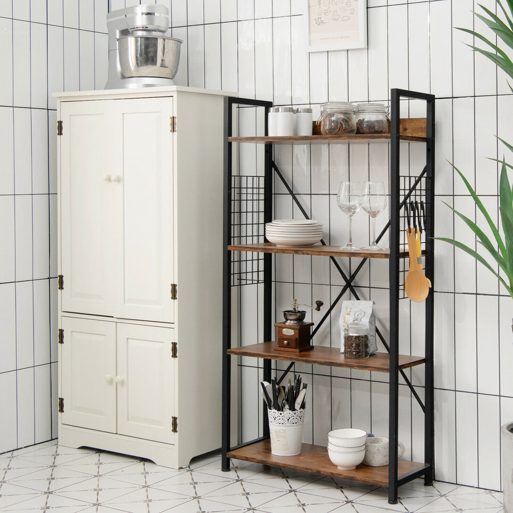 Industrial 4-tier bookshelf with wooden shelves and adjustable height, perfect for stylish storage in any room.