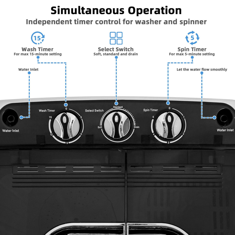 Control panel of the 8 lbs compact mini twin tub washing machine with timer settings for wash and spin operations.