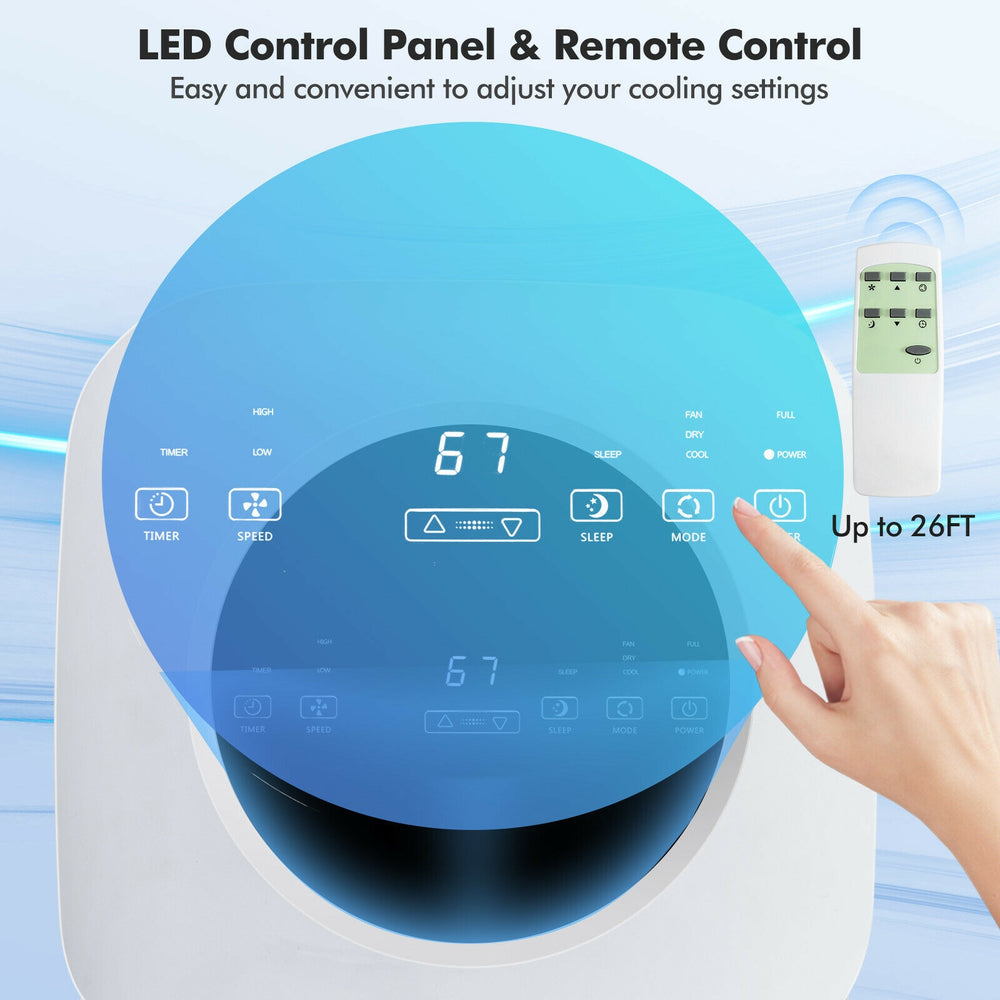 LED control panel and remote for the 9000 BTU portable air conditioner, featuring adjustable cooling settings and timer.