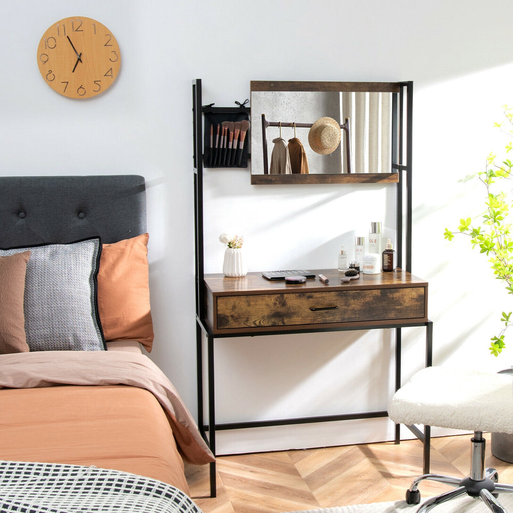 Industrial vanity table in brown with adjustable mirror, spacious drawer, and storage bag for cosmetics in a stylish.