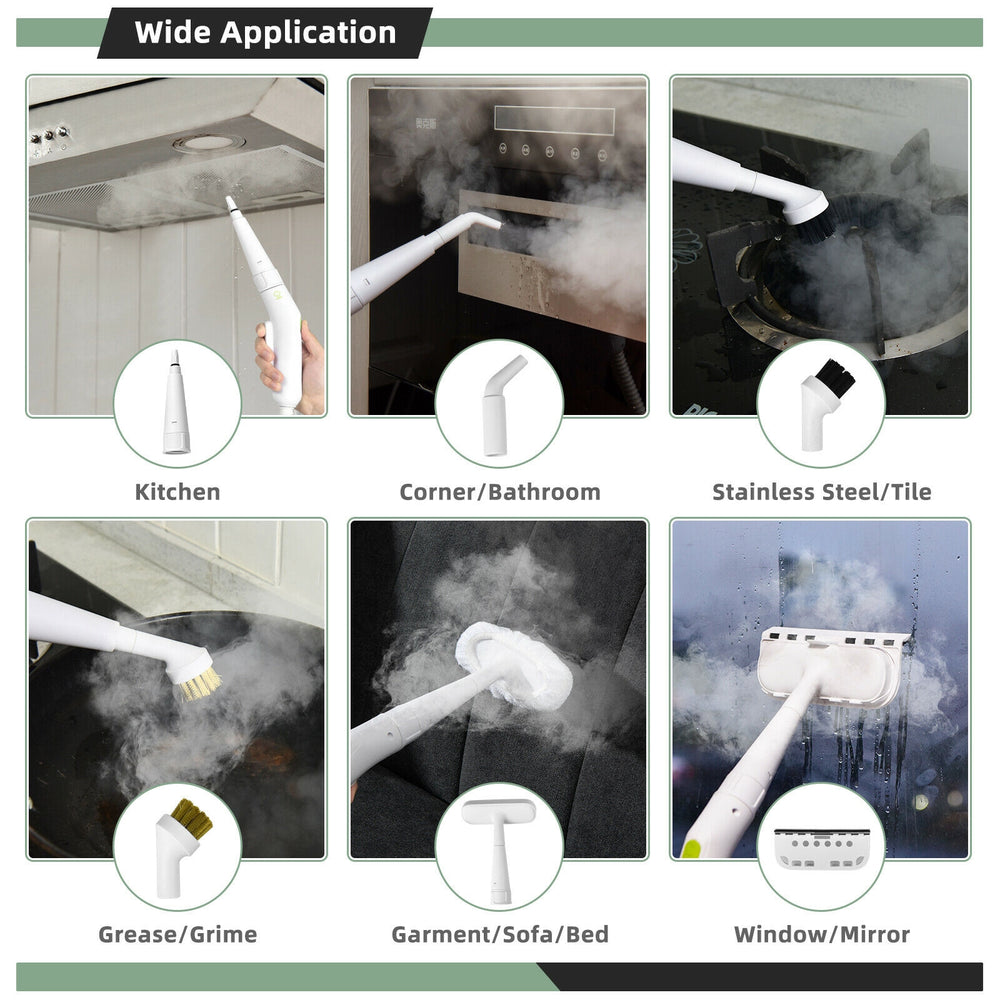 Multifunction portable steam cleaner with accessories, ideal for cleaning kitchen, bathroom, and upholstery surfaces.