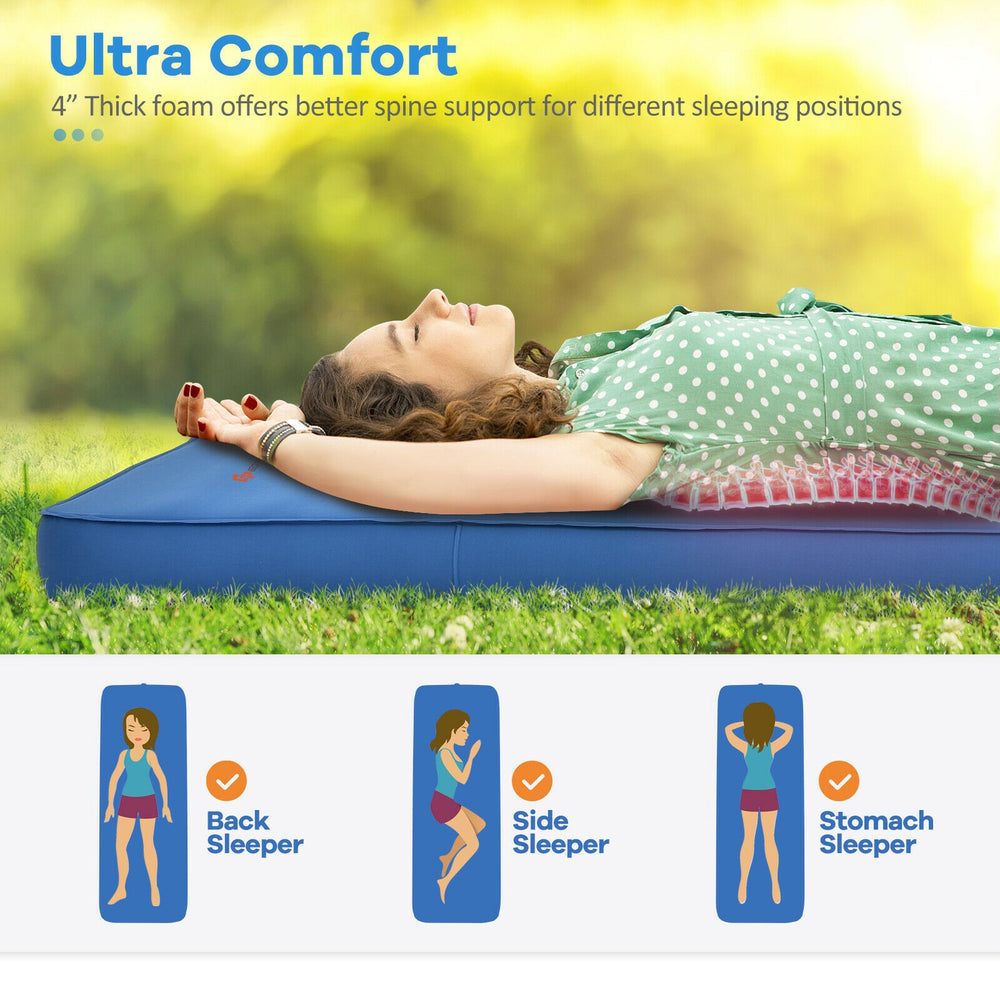 Self-inflating camping sleeping mattress in blue, featuring 4” thick foam for comfort, ideal for outdoor activities.