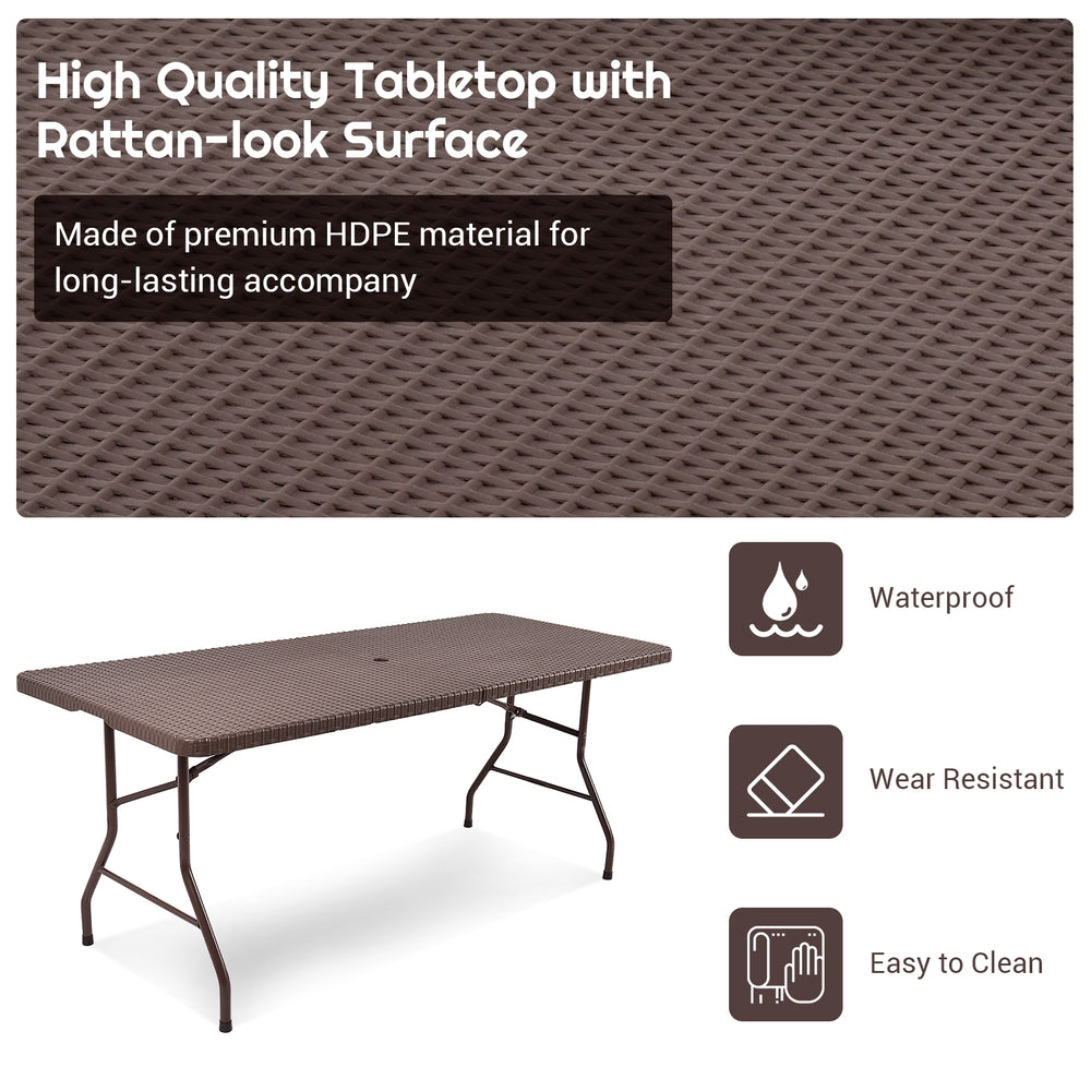 6 feet folding portable rattan table with HDPE surface, waterproof design, and carrying handle for easy storage and.