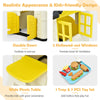 Kid’s playhouse toy set in yellow featuring double doors, two windows, picnic table, and seven-piece accessory set.