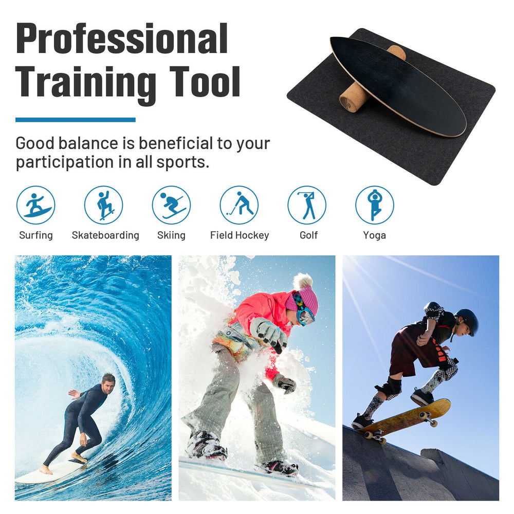 Balance board trainer in black for core strength, made of birch and cork wood, ideal for surfing, yoga, and.