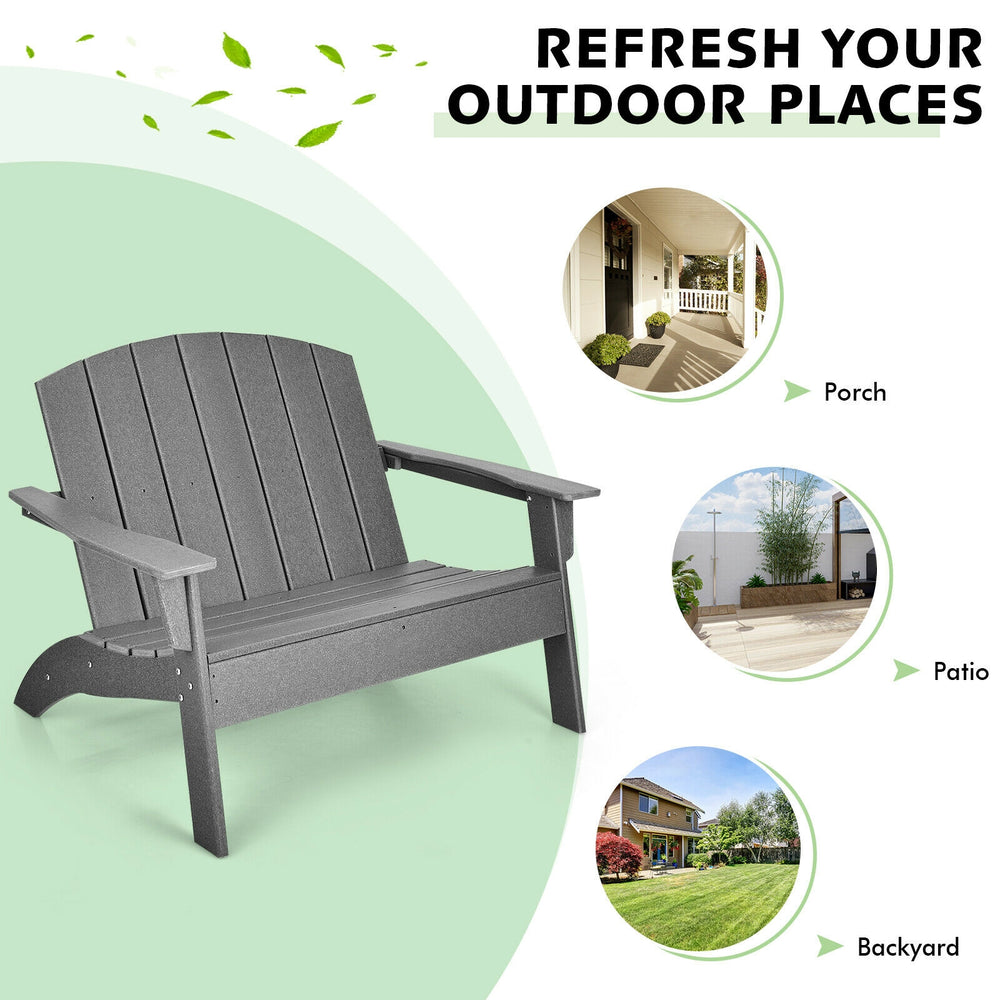 Gray HDPE patio Adirondack chair with wide armrests, designed for outdoor durability and comfortable seating for two.