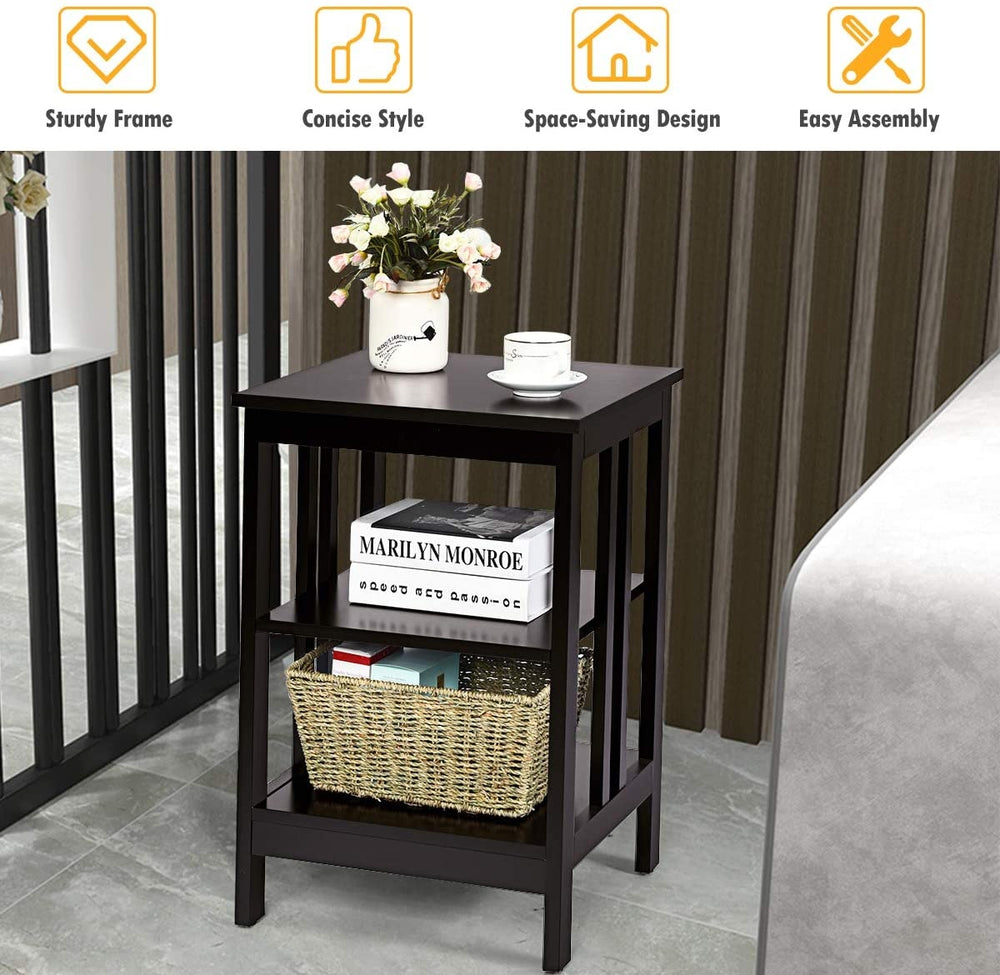 Dark brown 3-tier nightstand with open compartments, waterproof surface, ideal for living room or bedroom storage.