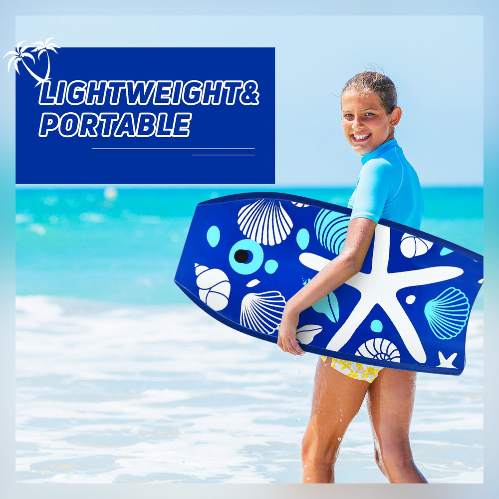 41-inch lightweight bodyboard with a blue shell design, perfect for summer surfing at the beach or pool.